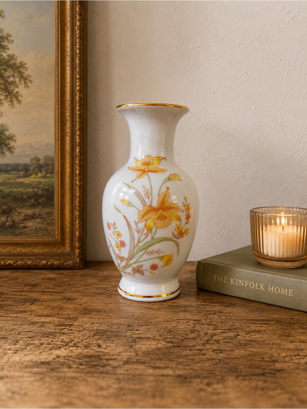 Vintage JGI Shaddy Mino Japan Porcelain Bud Vase Daffodil Floral Gold Trim